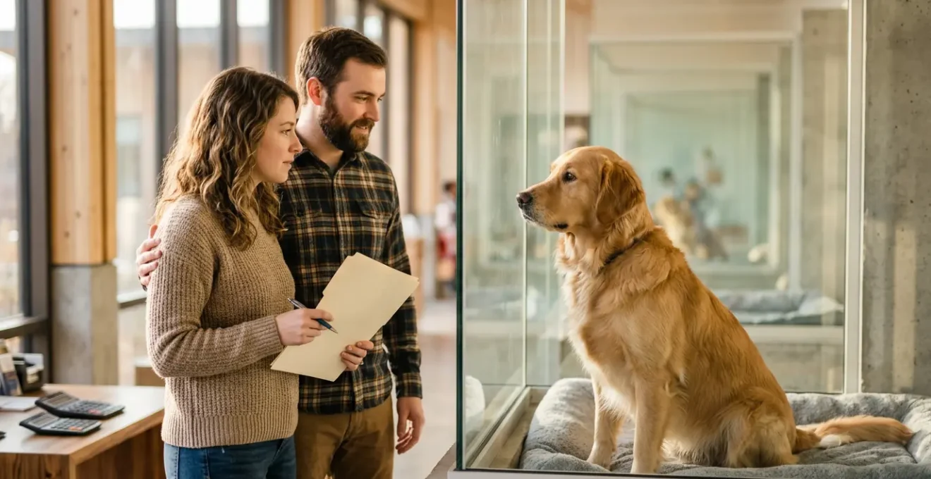 Couple regardant avec tendresse un chien adulte dans un refuge animalier avec calculatrice et documents d'adoption