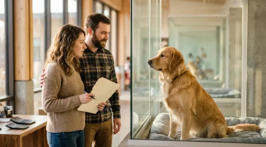 Couple regardant avec tendresse un chien adulte dans un refuge animalier avec calculatrice et documents d'adoption