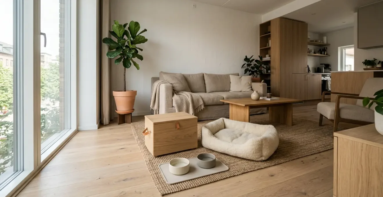 Intérieur d'appartement moderne préparé pour l'arrivée d'un chien avec panier douillet et jouets