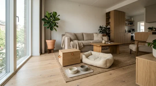 Intérieur d'appartement moderne préparé pour l'arrivée d'un chien avec panier douillet et jouets