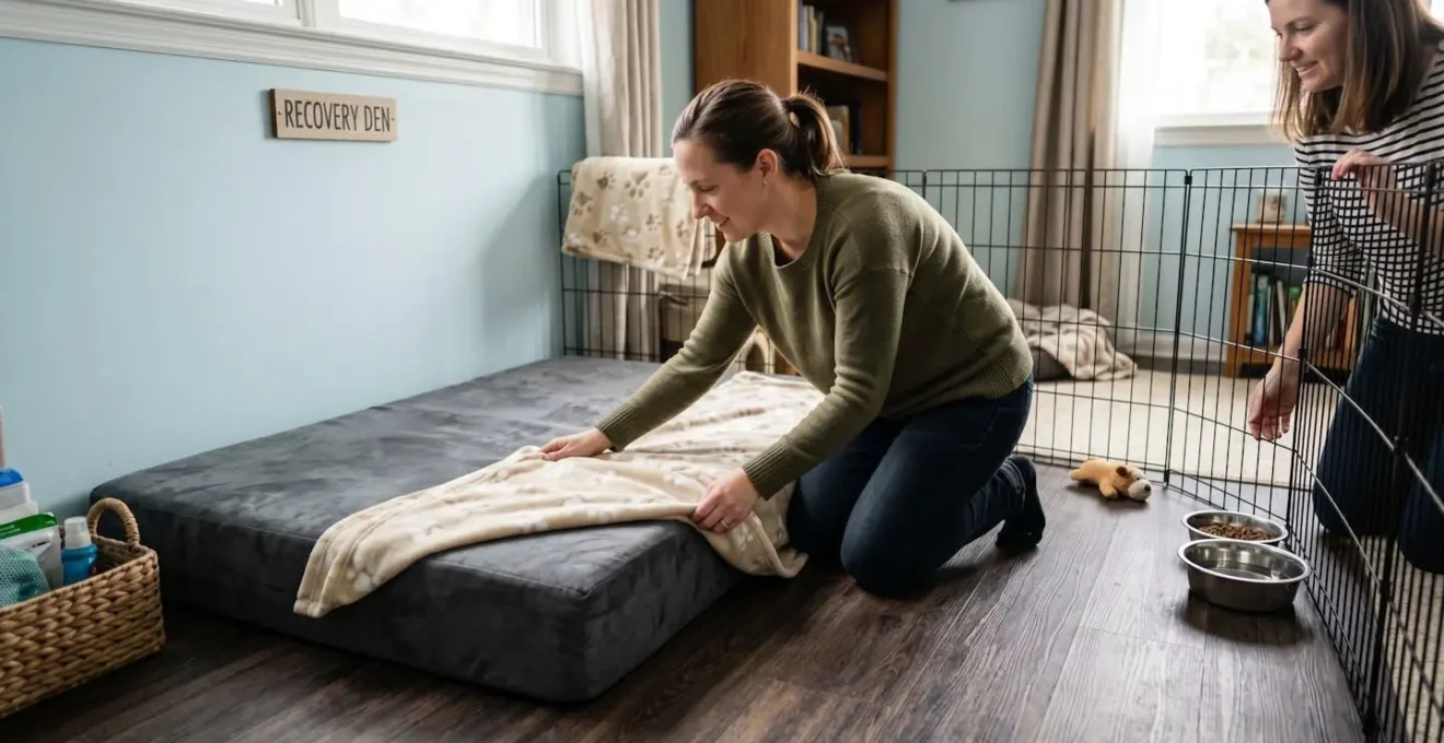Aménagement d'un espace de convalescence sécurisé pour chien avec sol antidérapant et matelas orthopédique