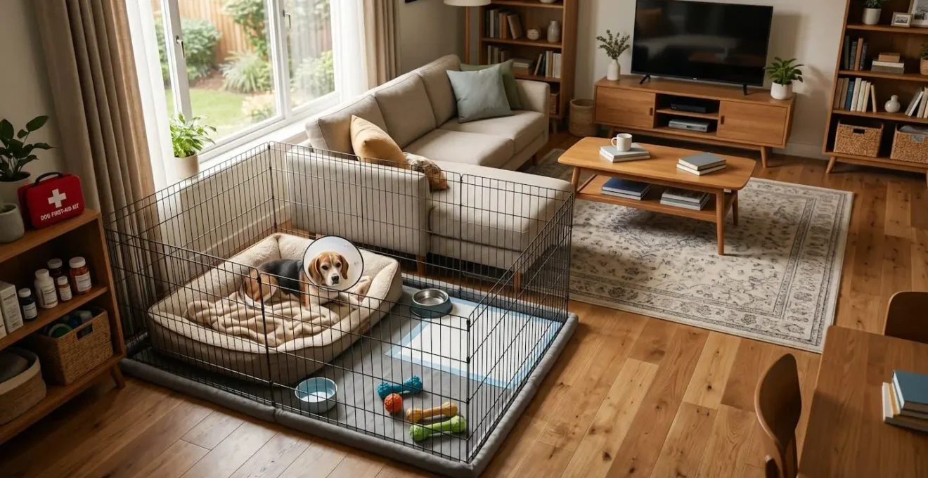 Vue d'ensemble d'un salon aménagé avec un parc de récupération sécurisé pour chien convalescent