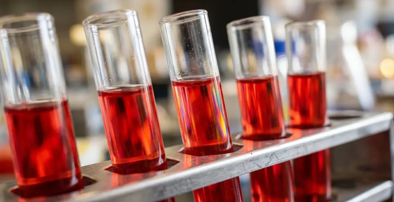Gros plan sur des tubes à essai avec échantillons sanguins dans un support de laboratoire