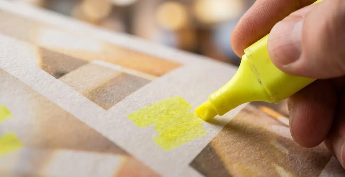 Gros plan sur des mains annotant un document avec surligneur