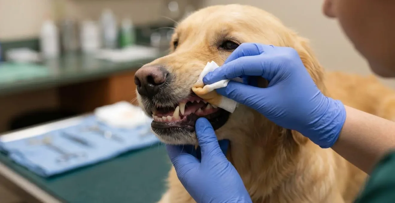 Technique d'application délicate de solution antiseptique sur gencive canine avec compresse stérile