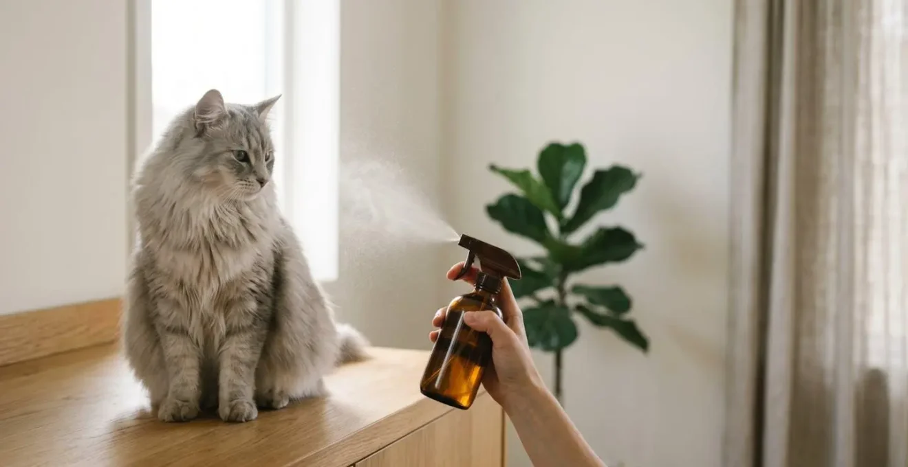 Vaporisation de produit démêlant sur le pelage dense d'un chat avant brossage