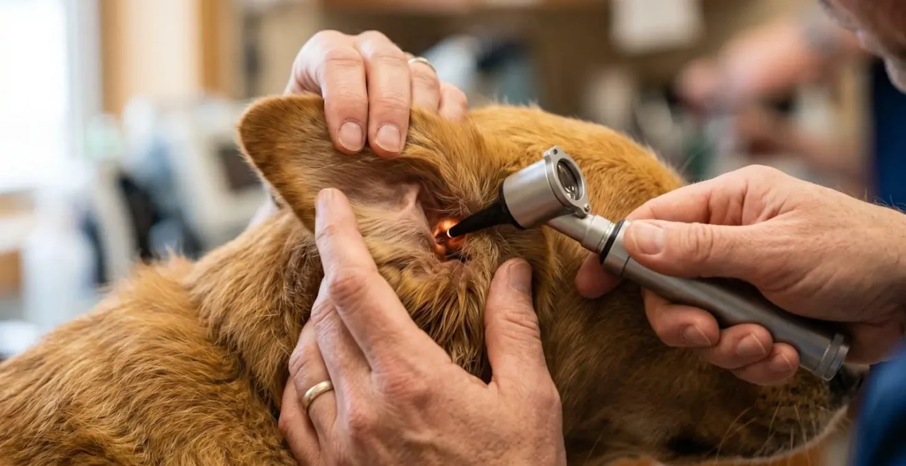 Vétérinaire examinant un chien récemment adopté avec des équipements médicaux en arrière-plan