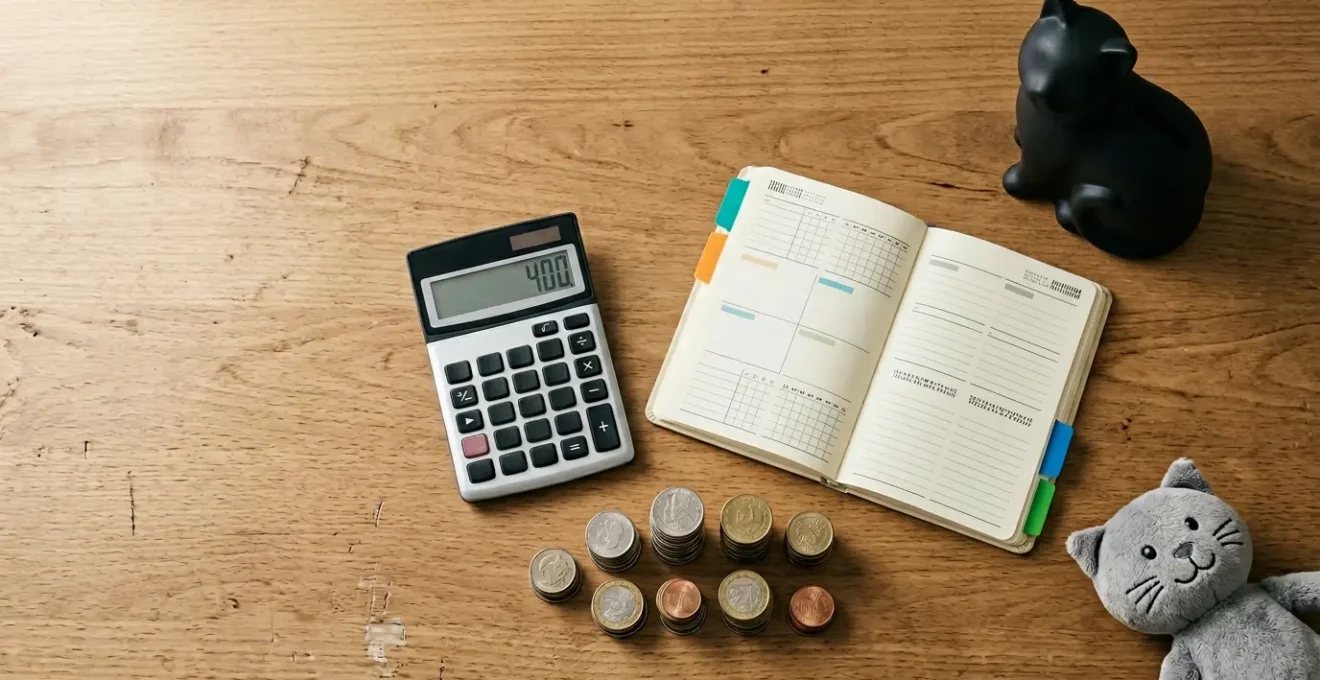 Vue en plongée d'un bureau avec calculatrice, calendrier et accessoires pour chat