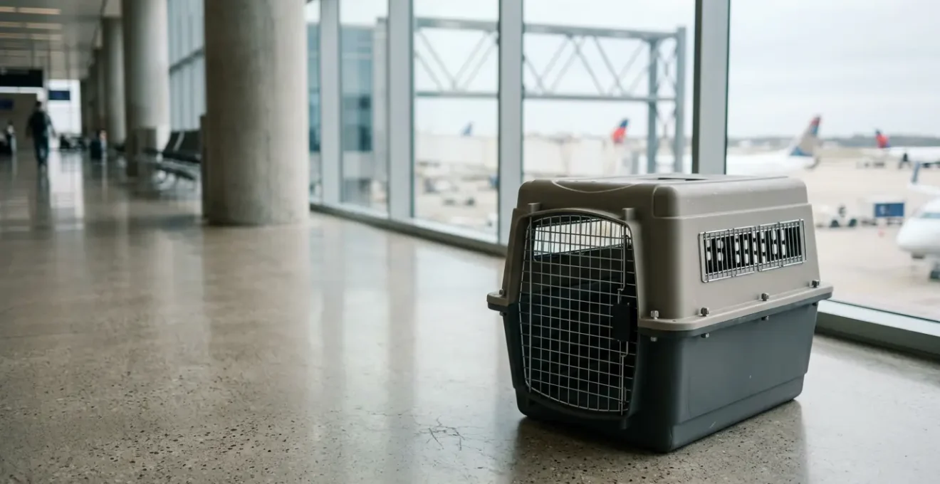Caisse de transport IATA sécurisée pour chien dans un environnement aéroportuaire