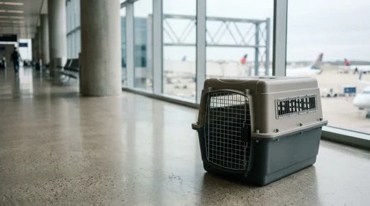 Caisse de transport IATA sécurisée pour chien dans un environnement aéroportuaire