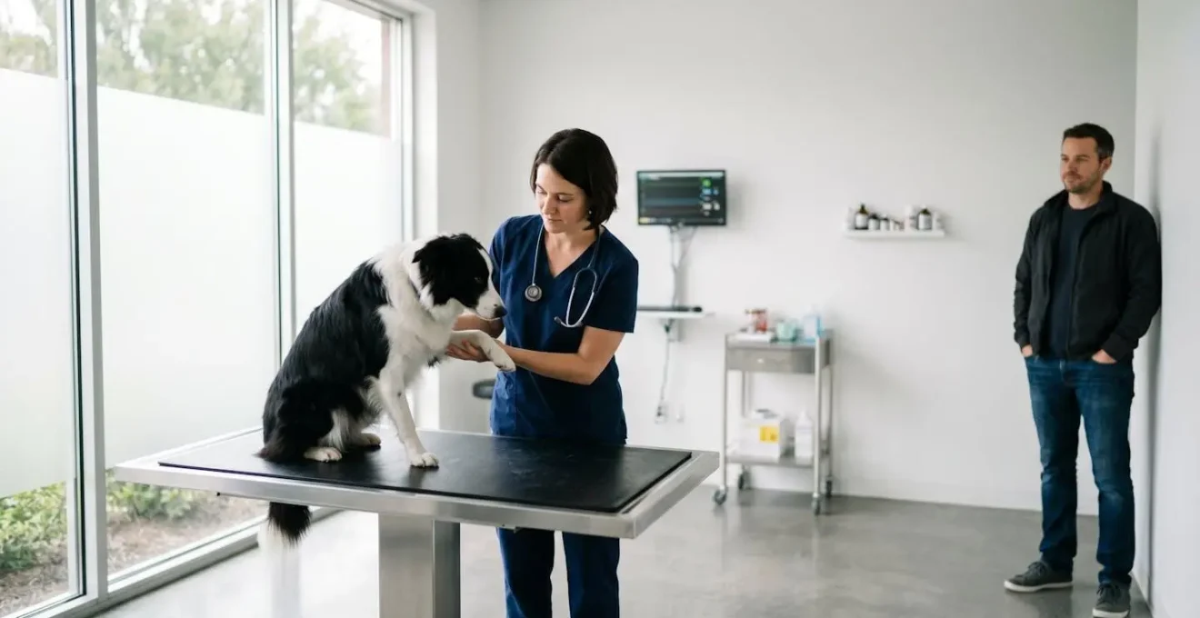 Vétérinaire examinant un chien avec son propriétaire détendu en arrière-plan, symbolisant la sérénité financière apportée par une bonne mutuelle.