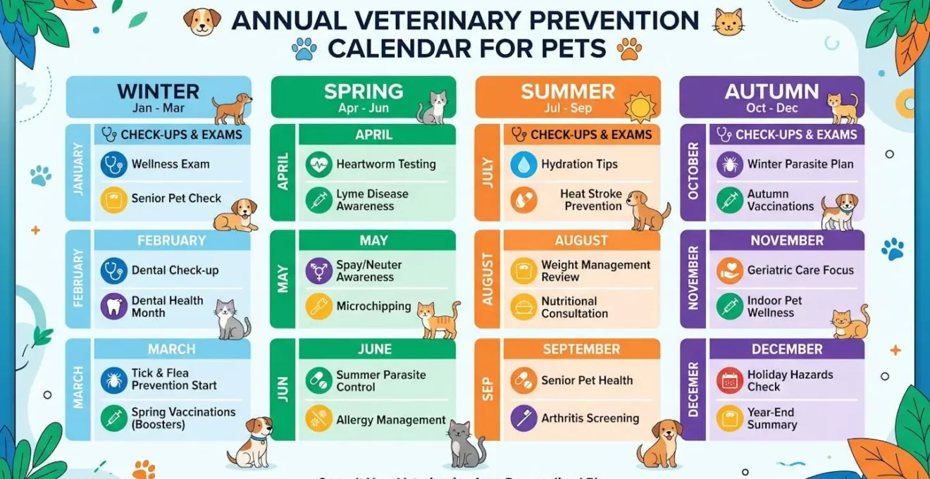 Organisation visuelle d'un calendrier de prévention vétérinaire annuel pour animaux de compagnie