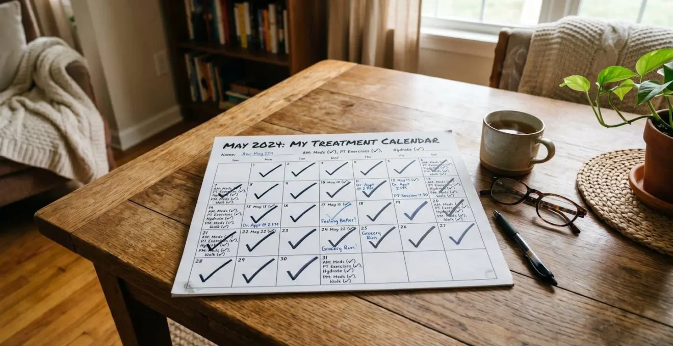 Vue d'ensemble d'un calendrier de traitement posé sur une table avec des cases cochées, dans un environnement domestique chaleureux