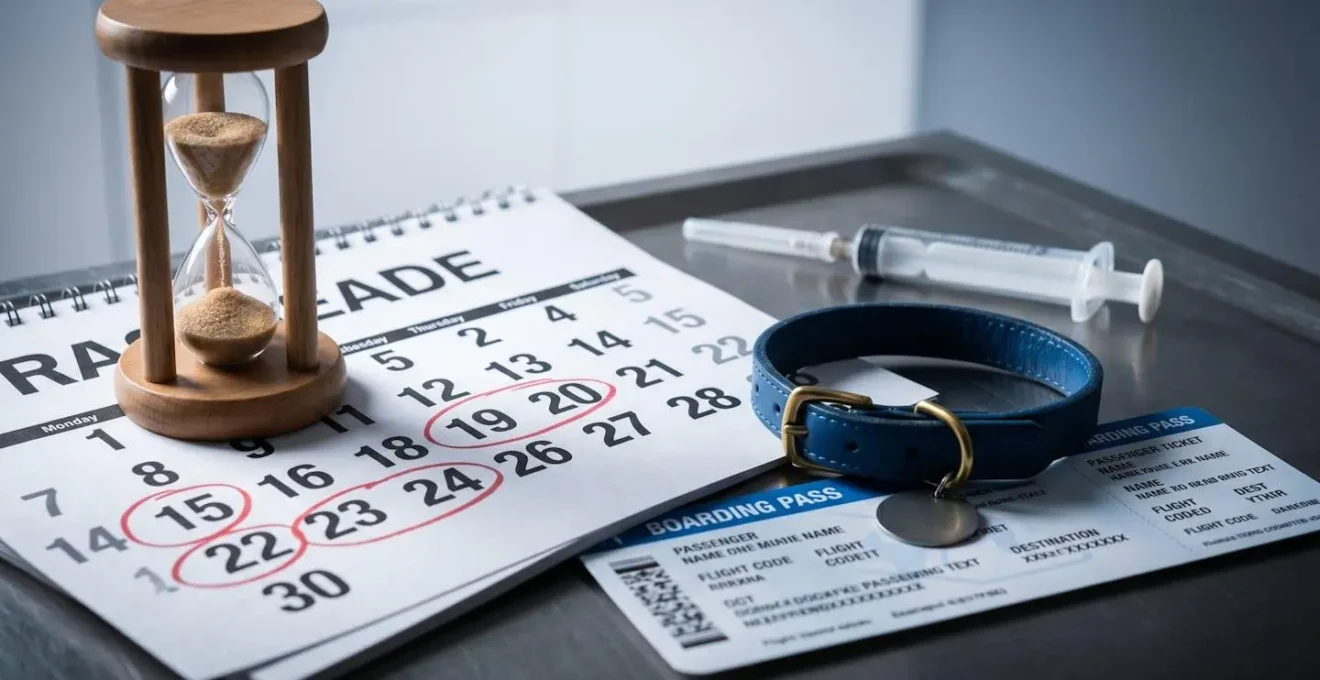 Calendrier visuel montrant les délais incompressibles pour la vaccination antirabique avant un voyage