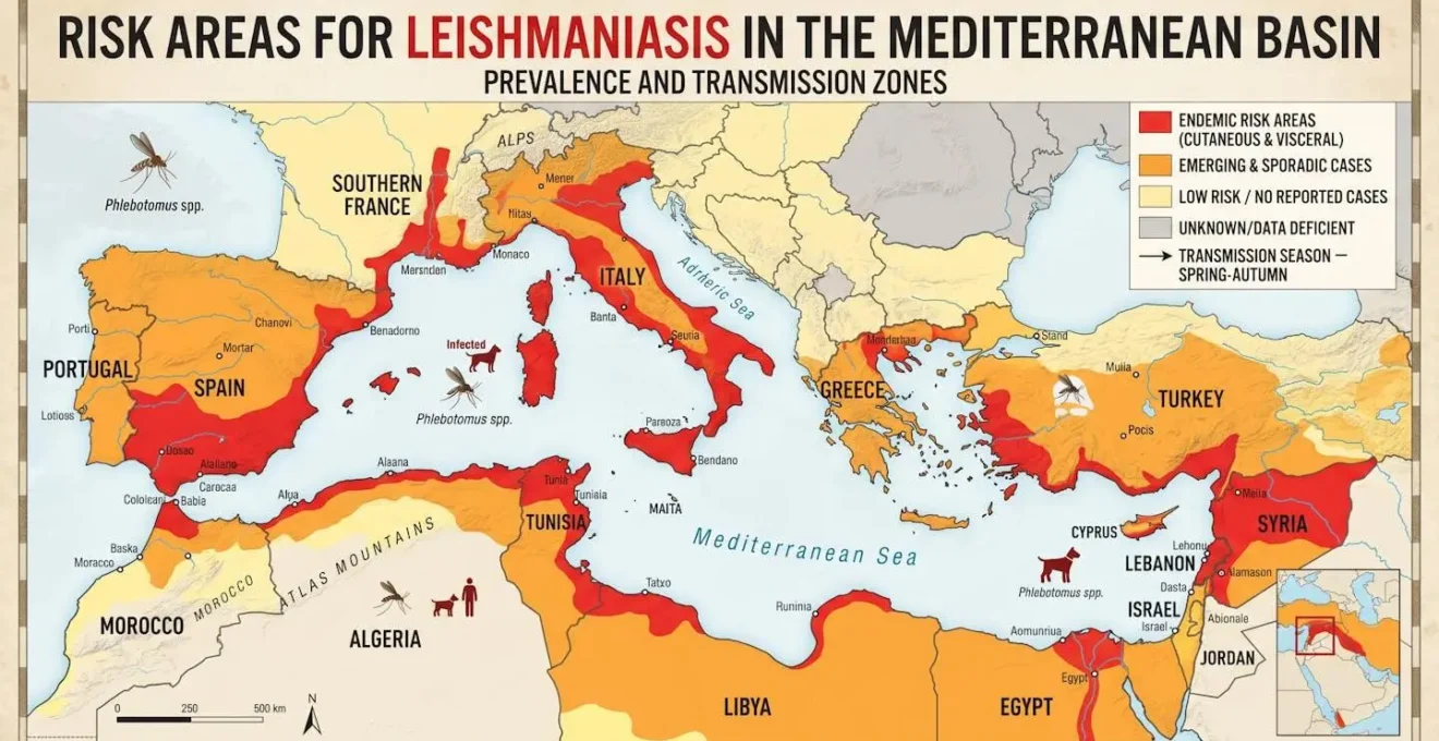 Carte détaillée des zones à risque de leishmaniose dans le bassin méditerranéen