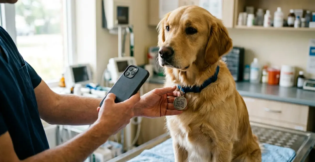 Un chien golden retriever portant un collier avec médaille QR code dans un cabinet vétérinaire lumineux