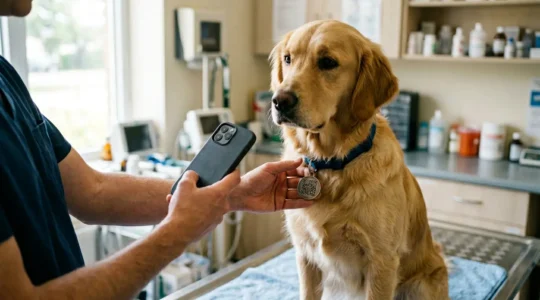 Un chien golden retriever portant un collier avec médaille QR code dans un cabinet vétérinaire lumineux