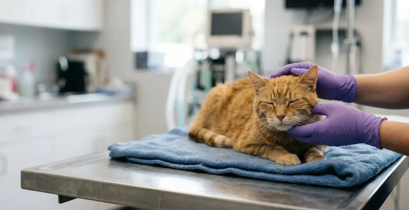 Chat tigré âgé en cabinet vétérinaire, préparation à l'intervention dentaire sous anesthésie générale
