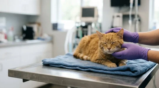 Chat tigré âgé en cabinet vétérinaire, préparation à l'intervention dentaire sous anesthésie générale