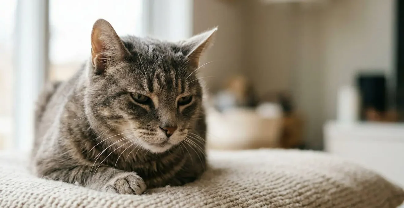 Chat senior observé de près montrant des micro-expressions faciales révélant une douleur articulaire silencieuse