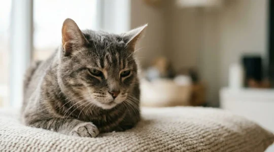 Chat senior observé de près montrant des micro-expressions faciales révélant une douleur articulaire silencieuse