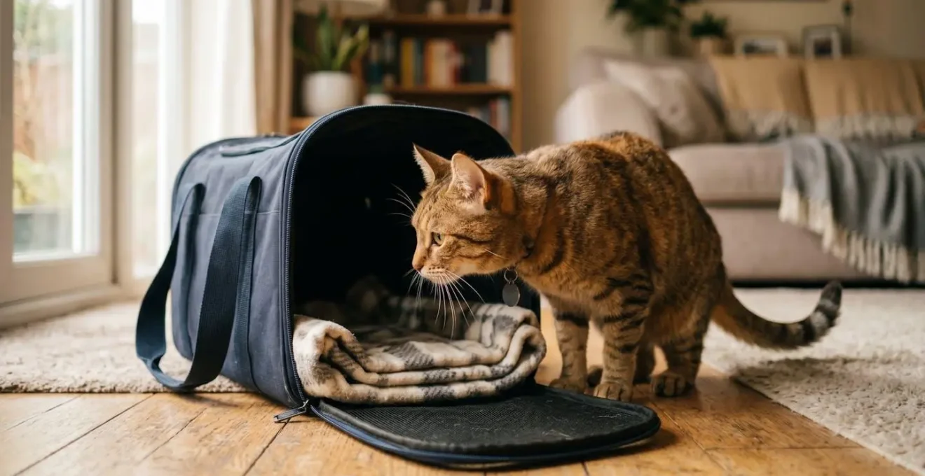Chat explorant calmement une caisse de transport ouverte dans un intérieur chaleureux