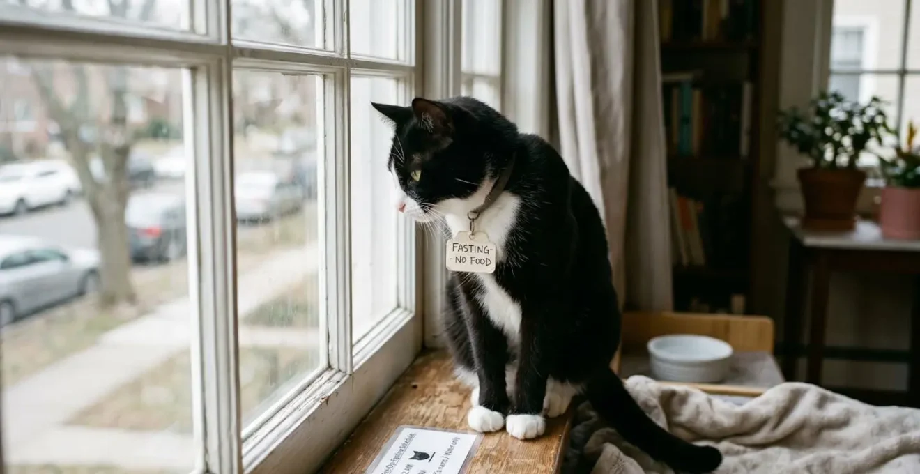 Chat noir et blanc observant par la fenêtre pendant la période de jeûne pré-anesthésique