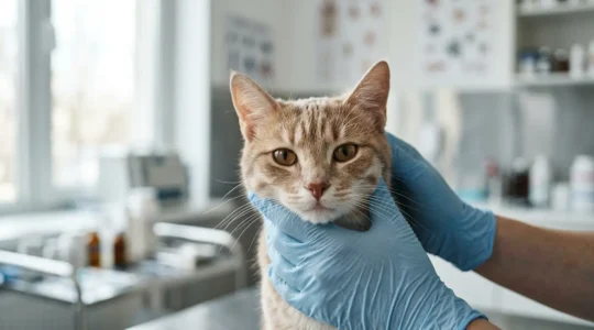 Chat recevant des soins bucco-dentaires vétérinaires avec alimentation adaptée