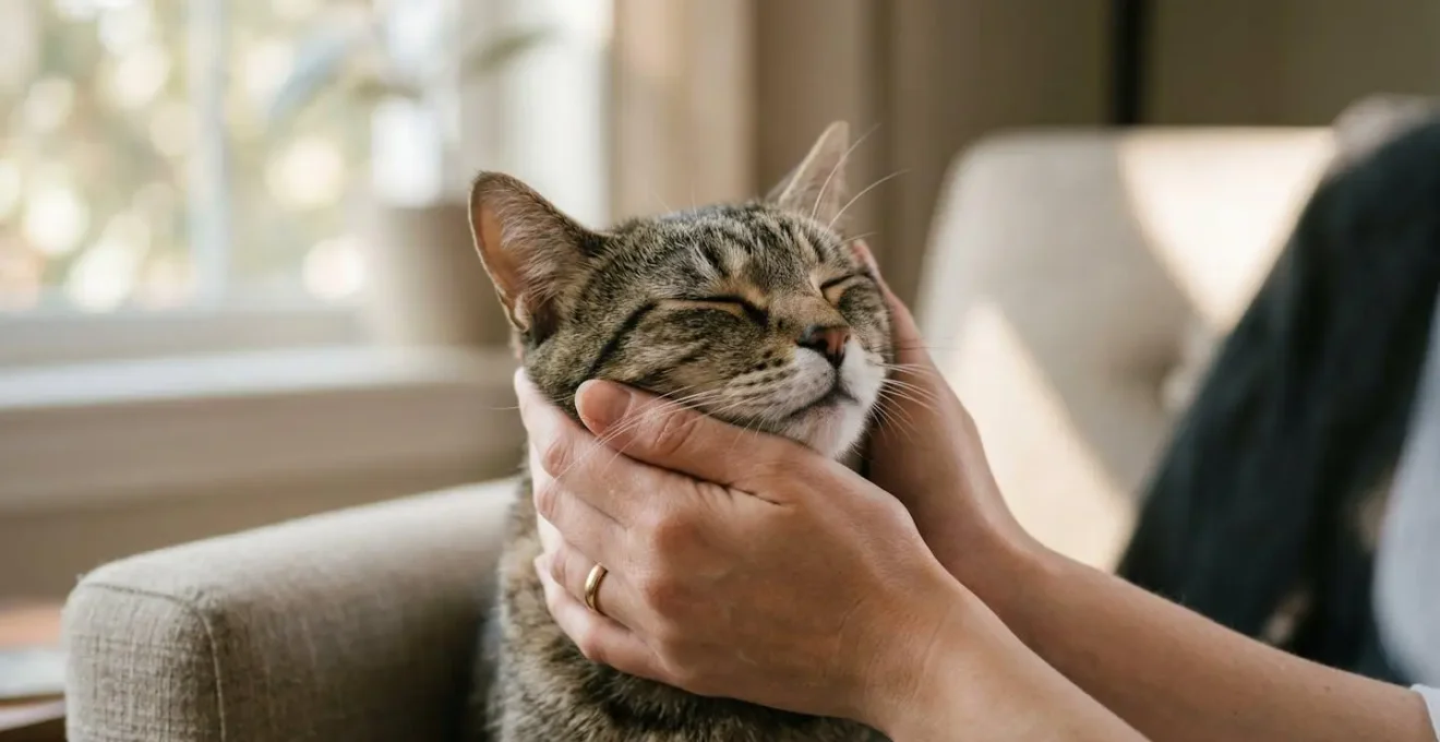 Vue rapprochée des mains d'une personne tenant délicatement la tête d'un chat tigré, dans un environnement domestique calme et lumineux