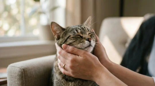Vue rapprochée des mains d'une personne tenant délicatement la tête d'un chat tigré, dans un environnement domestique calme et lumineux