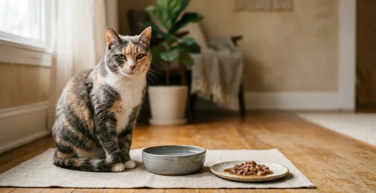 Chat senior paisible près de sa gamelle d'eau et de nourriture humide adaptée pour la santé rénale