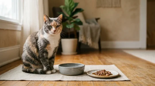 Chat senior paisible près de sa gamelle d'eau et de nourriture humide adaptée pour la santé rénale