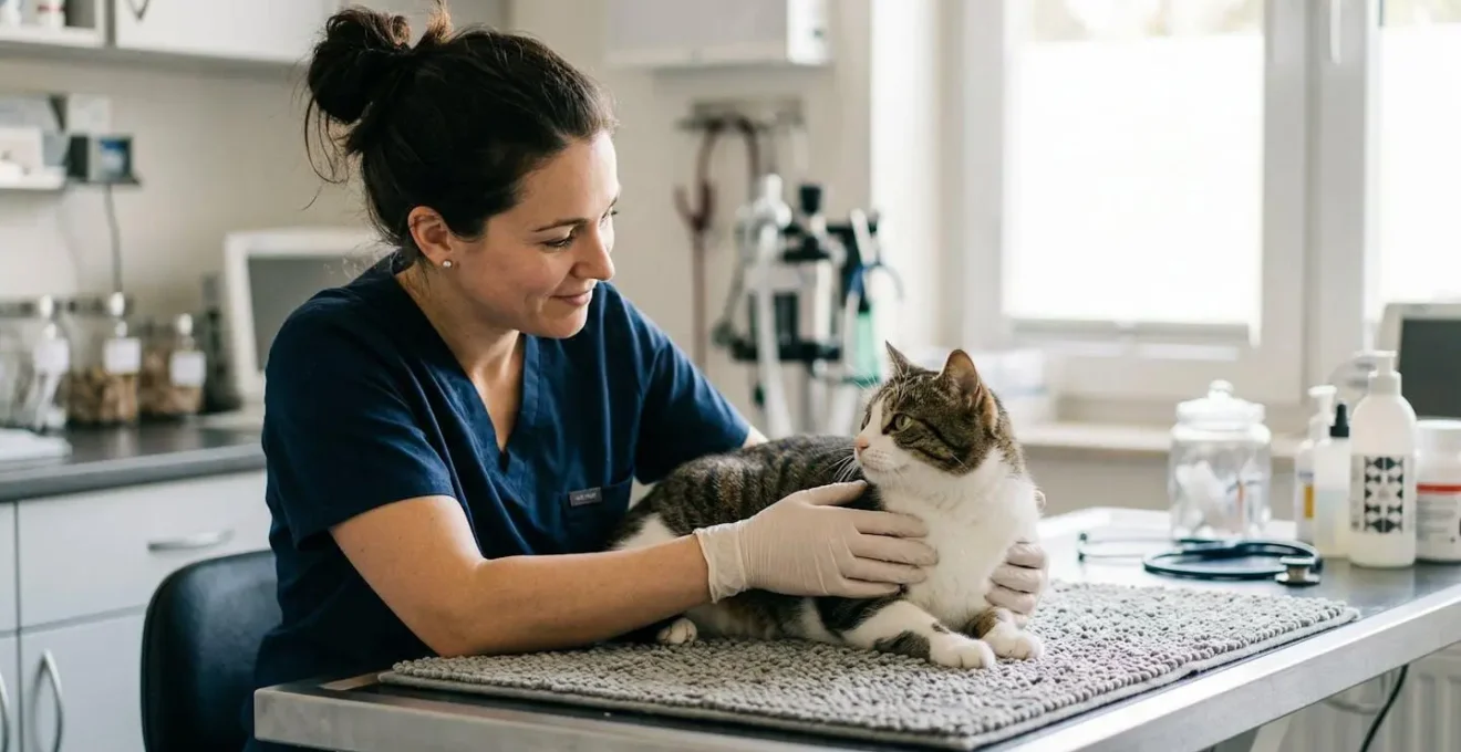 Chat européen en consultation vétérinaire avec gamme d'aliments thérapeutiques