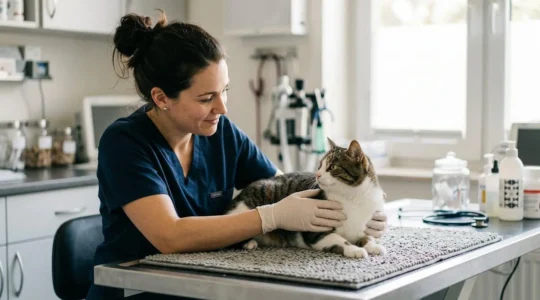 Chat européen en consultation vétérinaire avec gamme d'aliments thérapeutiques