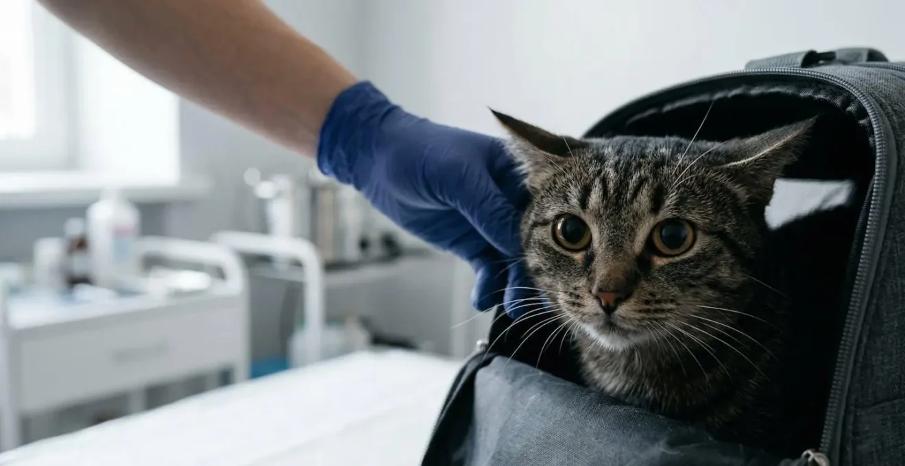 Chat anxieux dans une salle d'examen vétérinaire montrant des signes de stress
