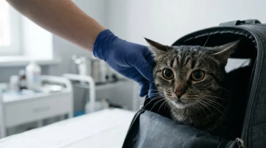 Chat anxieux dans une salle d'examen vétérinaire montrant des signes de stress