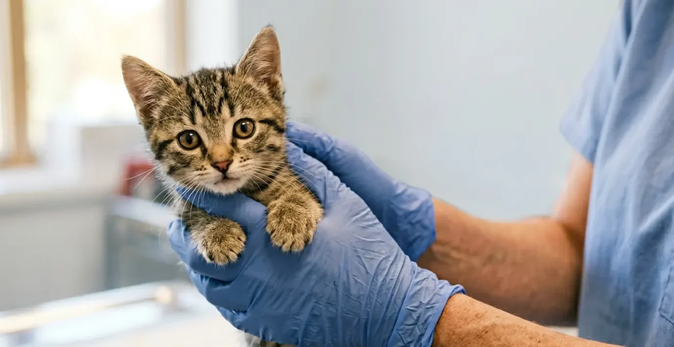 Jeune chaton tigré lors d'un examen vétérinaire de routine pour la vermifugation