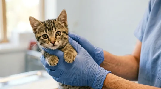Jeune chaton tigré lors d'un examen vétérinaire de routine pour la vermifugation