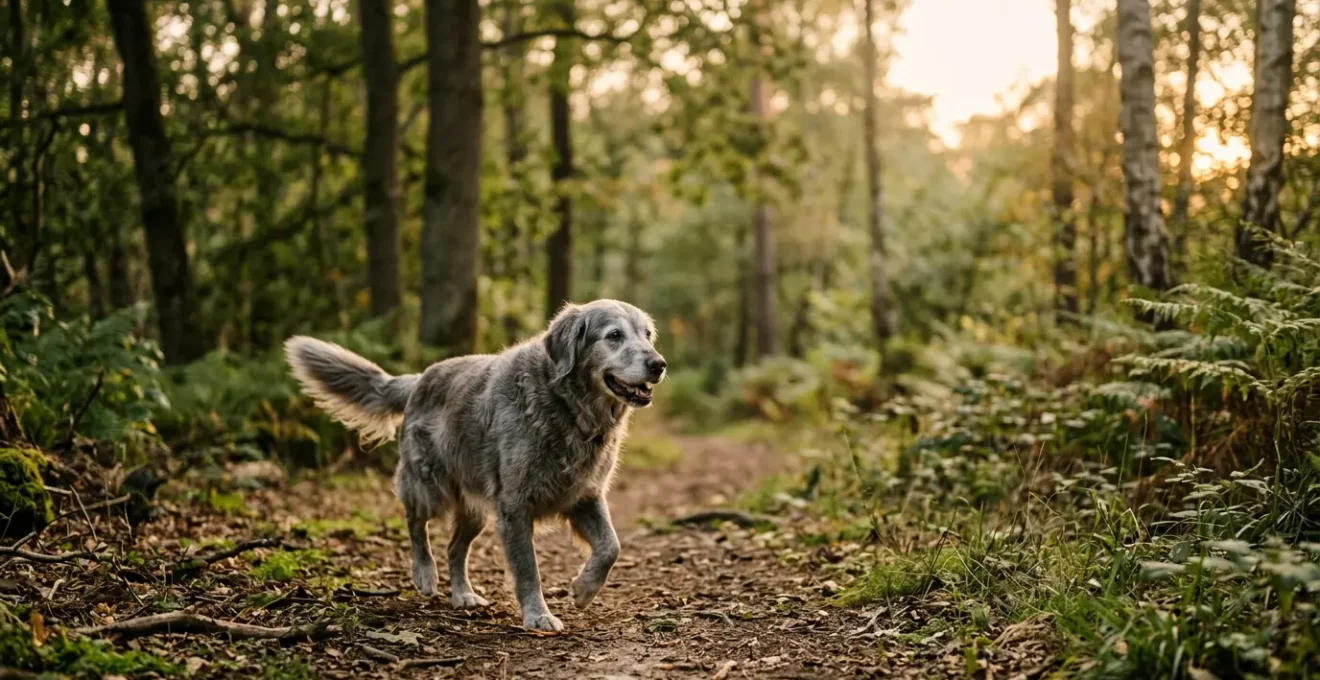 Chien senior dynamique profitant d'une promenade en nature, symbolisant la vitalité retrouvée grâce aux soins naturels