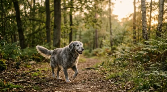 Chien senior dynamique profitant d'une promenade en nature, symbolisant la vitalité retrouvée grâce aux soins naturels