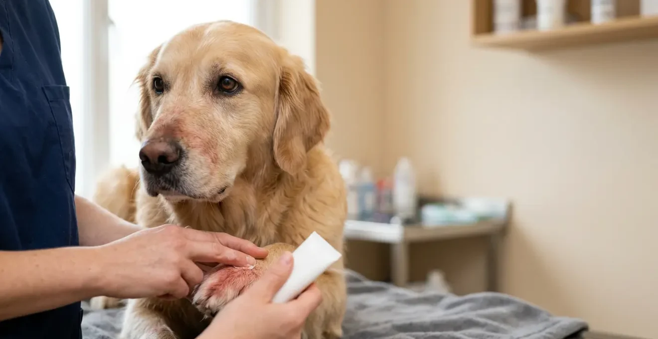 Chien recevant des soins dermatologiques doux pour apaiser sa peau atopique
