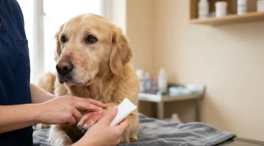 Chien recevant des soins dermatologiques doux pour apaiser sa peau atopique