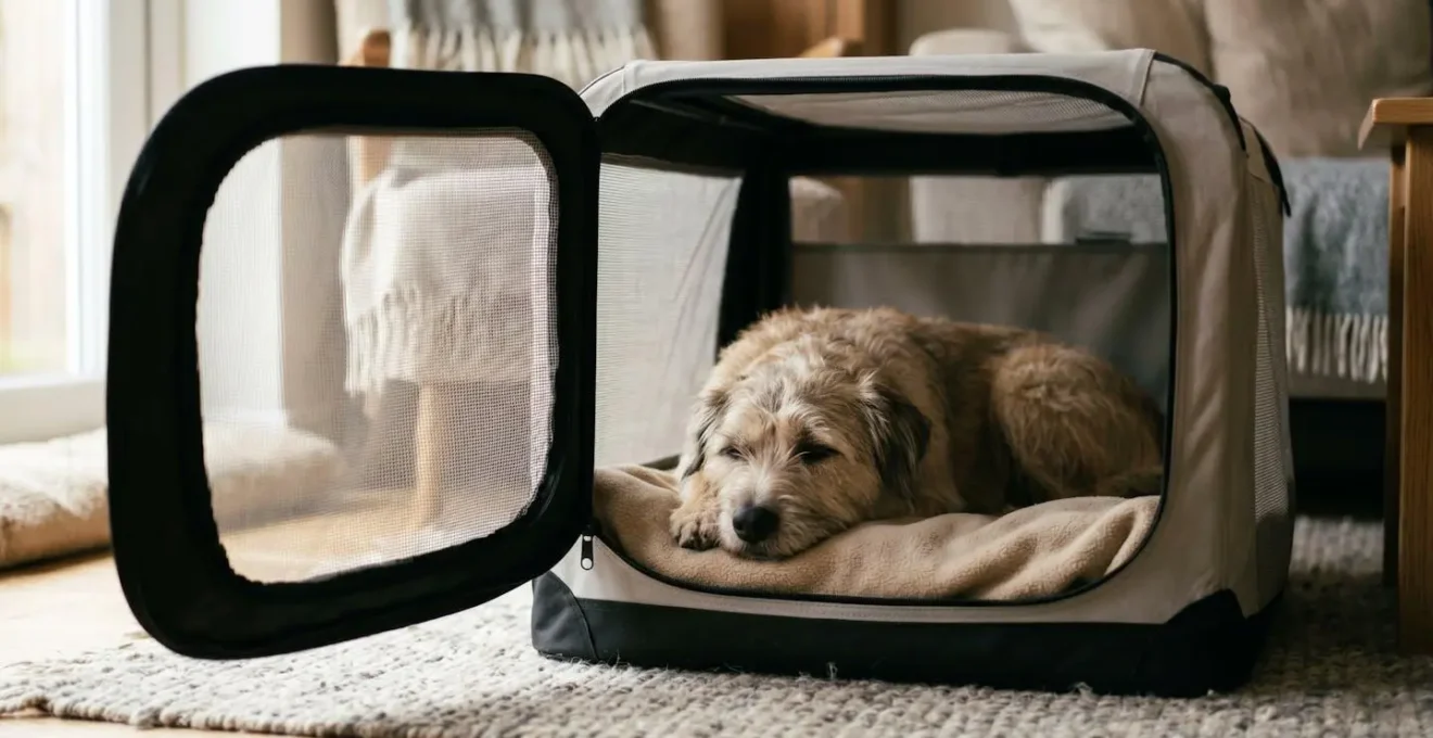 Chien détendu dans sa caisse de transport ouverte placée dans un environnement domestique rassurant