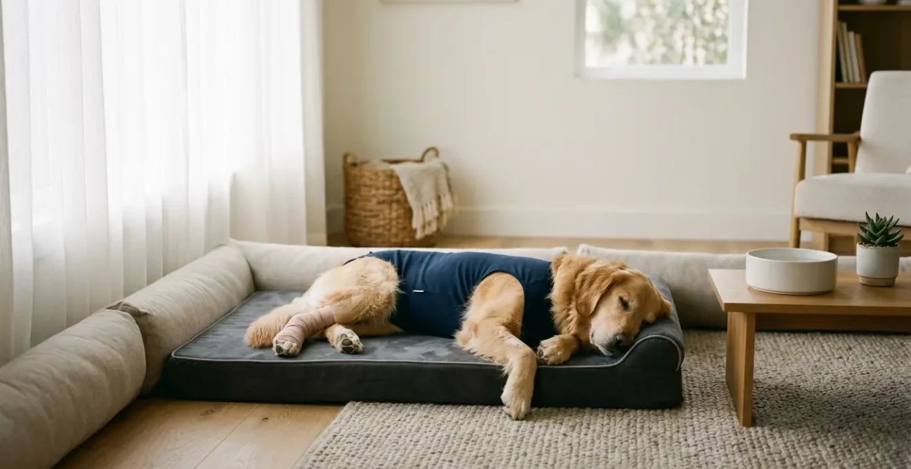 Chien en convalescence après chirurgie des ligaments croisés, allongé paisiblement sur un coussin orthopédique dans un salon aménagé