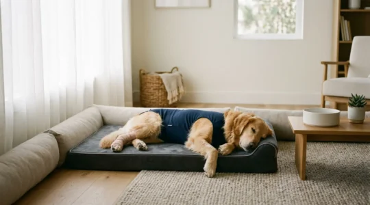Chien en convalescence après chirurgie des ligaments croisés, allongé paisiblement sur un coussin orthopédique dans un salon aménagé
