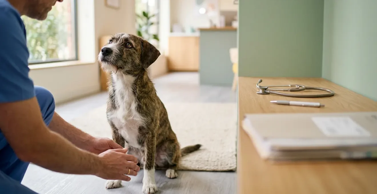 Chien croisé adopté regardant avec confiance vers l'avenir, accompagné de documents de soin vétérinaire