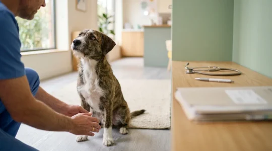 Chien croisé adopté regardant avec confiance vers l'avenir, accompagné de documents de soin vétérinaire