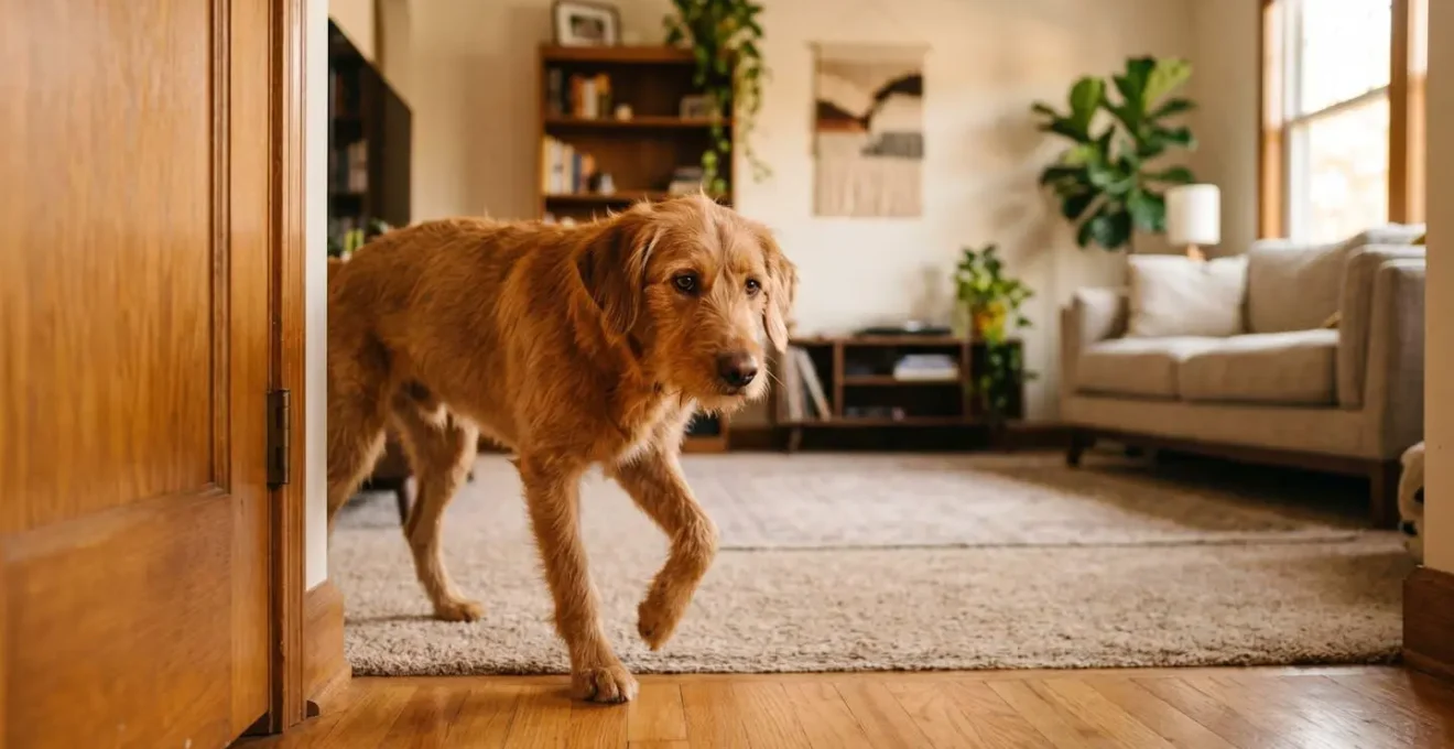 Chien explorant calmement un salon lumineux avec des zones délimitées visuellement, illustrant une découverte progressive de l'espace.