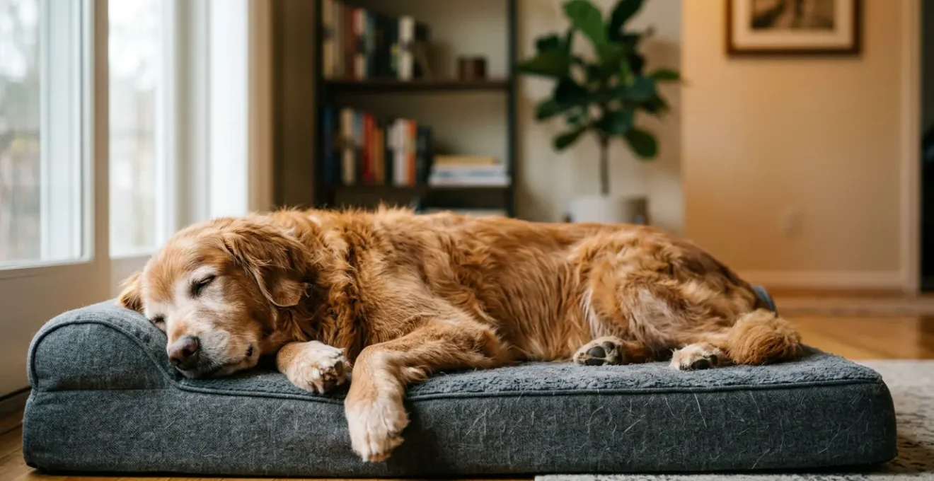 Grand chien de race Golden Retriever allongé confortablement sur un matelas orthopédique à mémoire de forme dans un intérieur moderne
