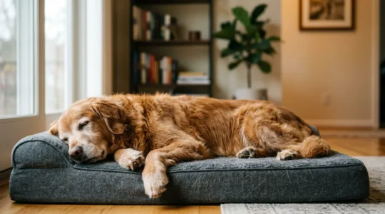 Grand chien de race Golden Retriever allongé confortablement sur un matelas orthopédique à mémoire de forme dans un intérieur moderne
